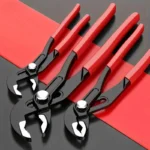 Water pump pliers set — three auto-adjusting water pump pliers laid side by side showing different jaw openings
