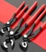 Water pump pliers set — three auto-adjusting water pump pliers laid side by side showing different jaw openings