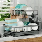 Large 2 tier — black metal 2-tier dish drying rack loaded with plates, bowls and mugs on a kitchen countertop