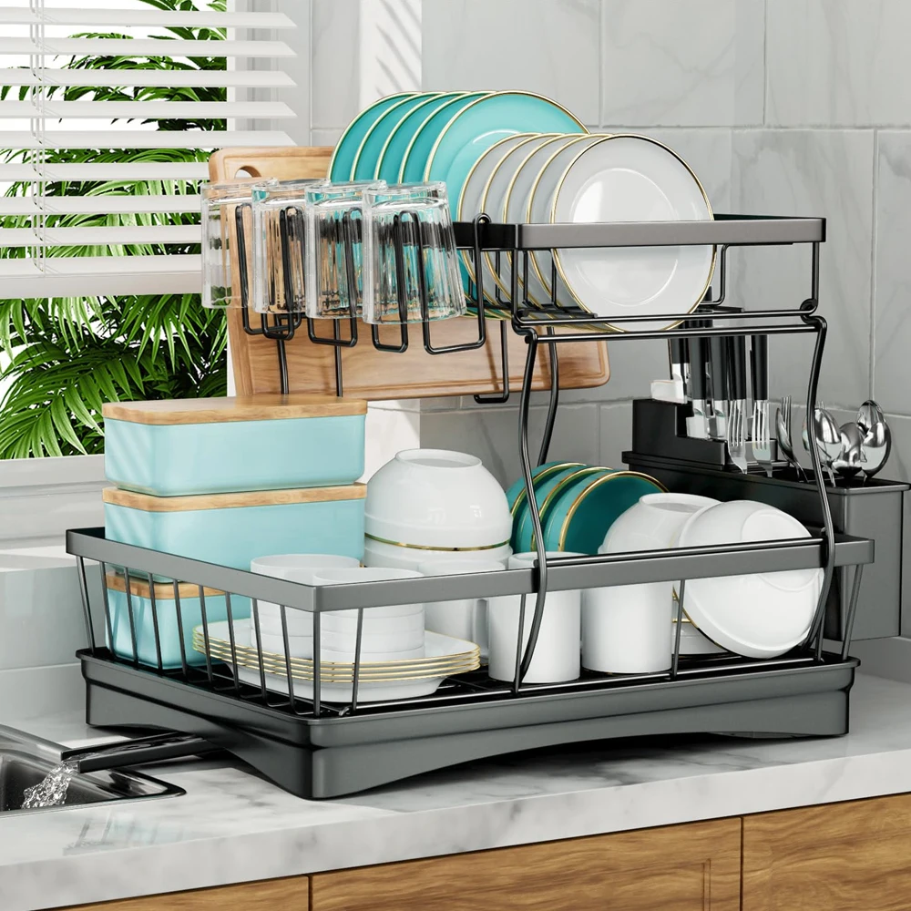 Large 2 tier — black metal 2-tier dish drying rack loaded with plates, bowls and mugs on a kitchen countertop