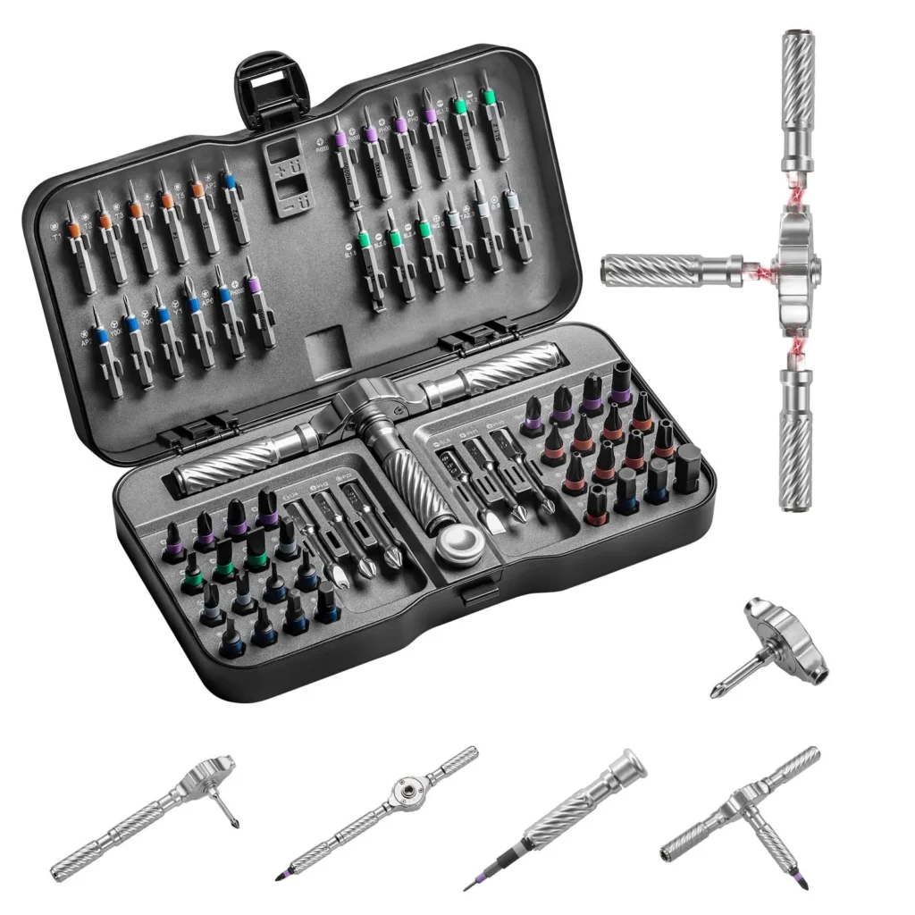 Open case showing 66-in-1 ratchet screwdriver set with magnetic bits and socket accessories