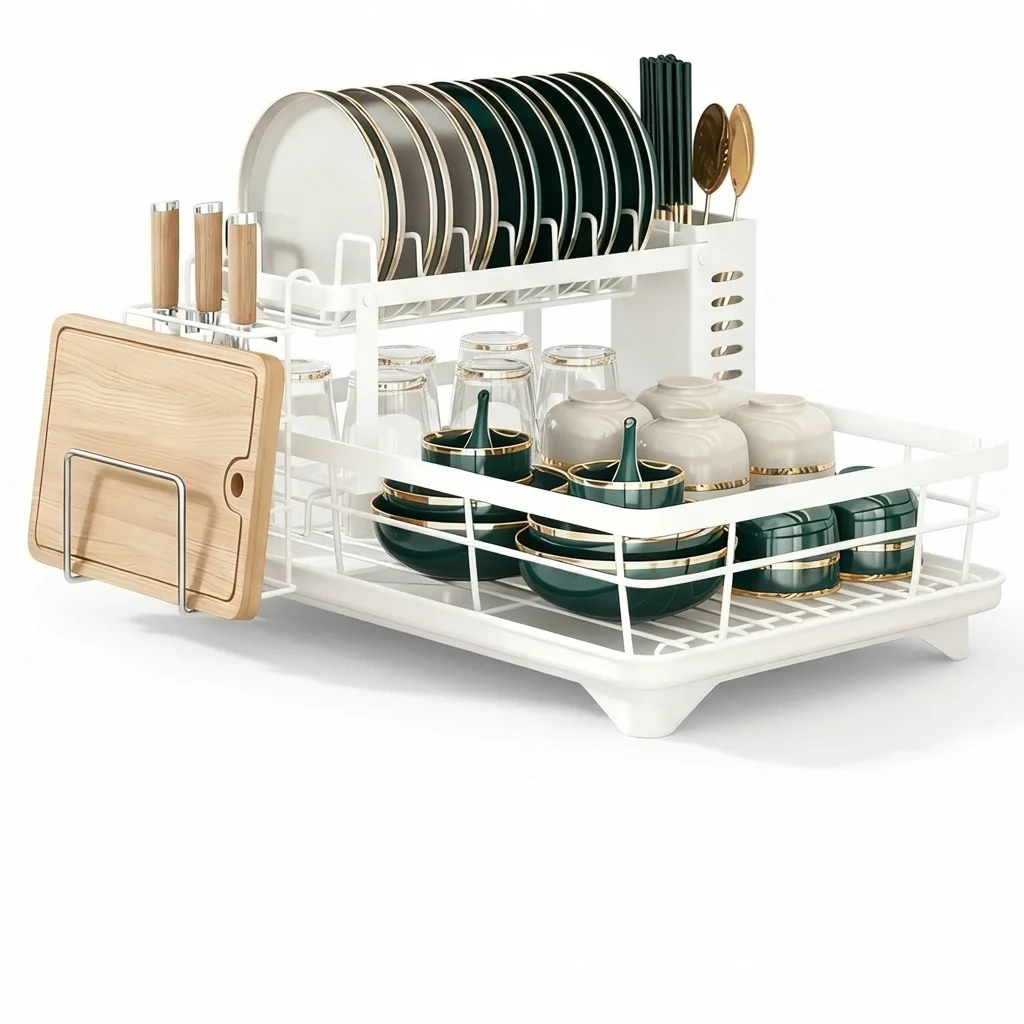 2-Tier Expandable Steel Dish Drying Rack with Drainboard